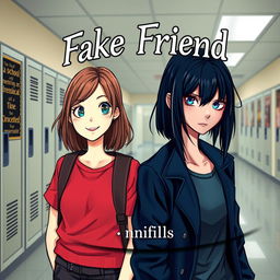 An intriguing novel cover for the book titled "Fake Friend" featuring characters in a fictional style, set against a school background