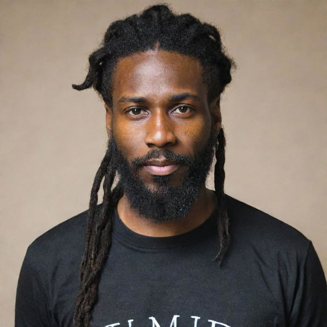 A handsome individual with dark skin, a long beard, and well-tied dreadlocks, wearing a black shirt with the name 'Jamine' written on the front.