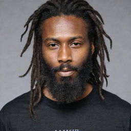 A handsome individual with dark skin, a long beard, and well-tied dreadlocks, wearing a black shirt with the name 'Jamine' written on the front.