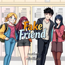 An engaging novel cover for the book titled "Fake Friend" featuring four fictional characters set in a school background, highlighting two distinct friendship circles