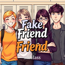 An engaging novel cover for the book titled "Fake Friend" featuring four fictional characters set in a school background, highlighting two distinct friendship circles