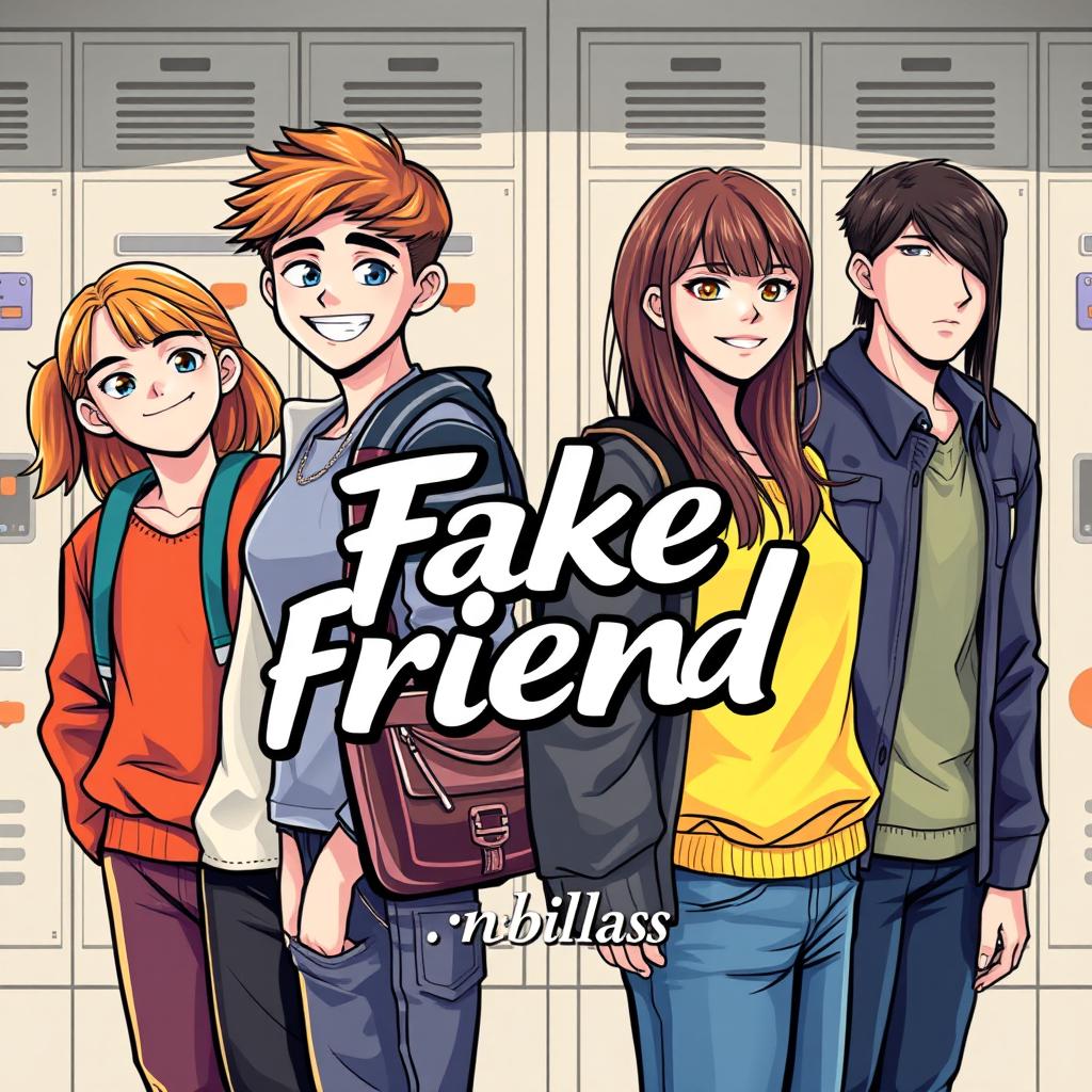 An engaging novel cover for the book titled "Fake Friend" featuring four fictional characters set in a school background, highlighting two distinct friendship circles