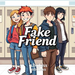 An engaging novel cover for the book titled "Fake Friend" featuring four fictional characters set in a school background, highlighting two distinct friendship circles