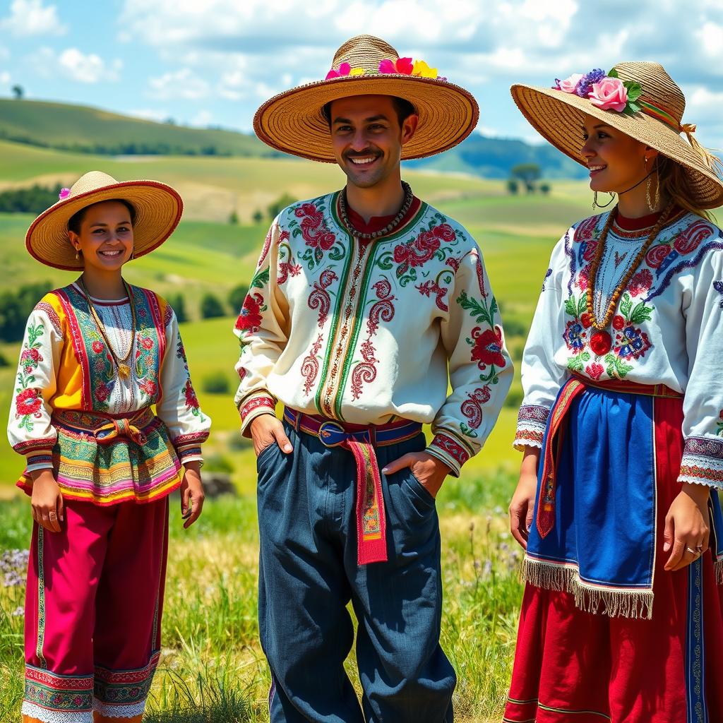 A vibrant scene depicting ornate peasant attires showcasing intricate embroidery and rich fabrics