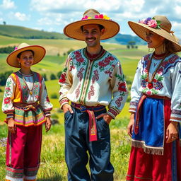 A vibrant scene depicting ornate peasant attires showcasing intricate embroidery and rich fabrics