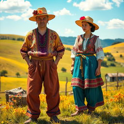 A vibrant scene depicting ornate peasant attires showcasing intricate embroidery and rich fabrics