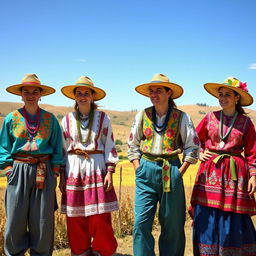 A vibrant scene depicting ornate peasant attires showcasing intricate embroidery and rich fabrics