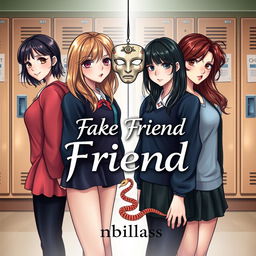 An intriguing novel cover for the book titled "Fake Friend" featuring four female characters in a fictional style, set against a school background