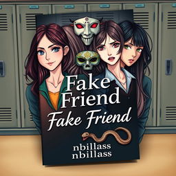 An intriguing novel cover for the book titled "Fake Friend" featuring four female characters in a fictional style, set against a school background