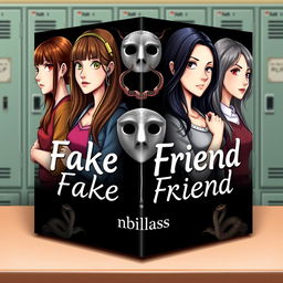 An intriguing novel cover for the book titled "Fake Friend" featuring four female characters in a fictional style, set against a school background