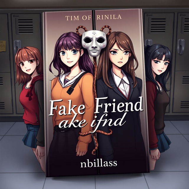 An intriguing novel cover for the book titled "Fake Friend" featuring four female characters in a fictional style, set against a school background