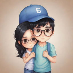 Chibi illustration of a sweet couple where the shorter girl has black hair, and the boy sports a cap and glasses