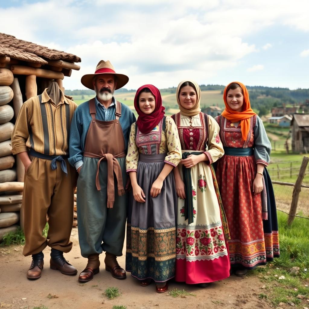 A group of peasants dressed in traditional attire from a European village, showcasing vibrant, colorful fabrics