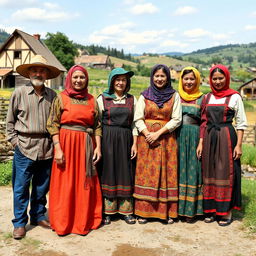 A group of peasants dressed in traditional attire from a European village, showcasing vibrant, colorful fabrics