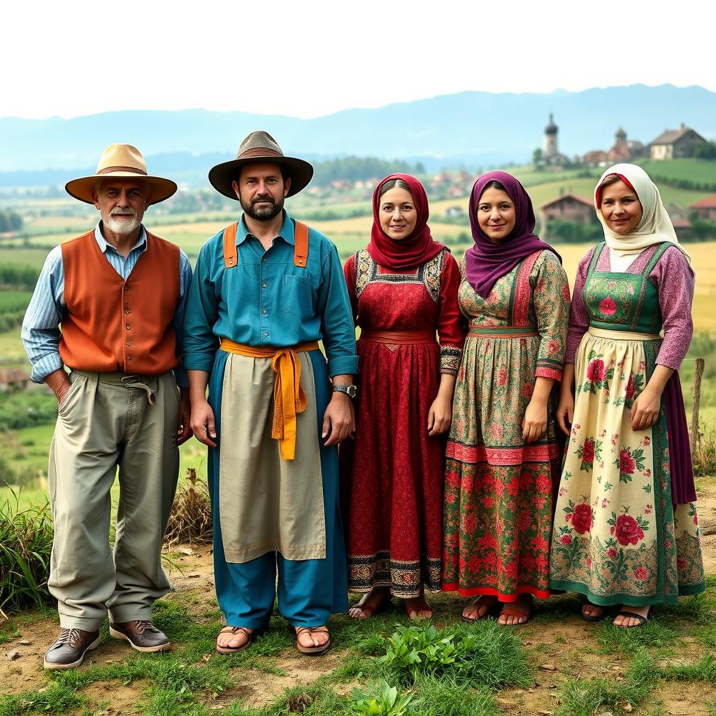 A group of peasants dressed in traditional attire from a European village, showcasing vibrant, colorful fabrics