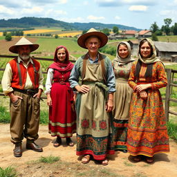 A group of peasants dressed in traditional attire from a European village, showcasing vibrant, colorful fabrics