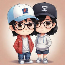 Chibi illustration of a sweet couple where the shorter girl has black hair, and the boy sports a cap and glasses