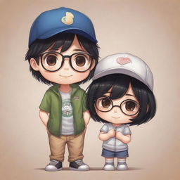 Chibi illustration of a sweet couple where the shorter girl has black hair, and the boy sports a cap and glasses