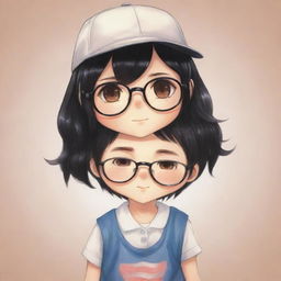 Chibi illustration of a sweet couple where the shorter girl has black hair, and the boy sports a cap and glasses