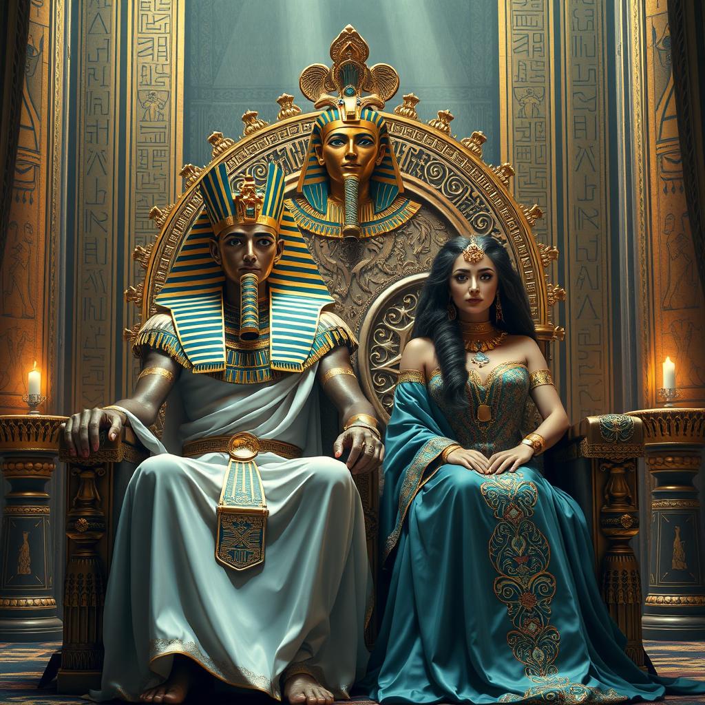 A regal scene depicting a powerful ancient Egyptian pharaoh seated on a grand throne adorned with intricate gold details, wearing a majestic headdress and elaborate jewelry that glitters in the soft light