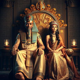 A regal scene depicting a powerful ancient Egyptian pharaoh seated on a grand throne adorned with intricate gold details, wearing a majestic headdress and elaborate jewelry that glitters in the soft light