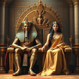 A regal scene depicting a powerful ancient Egyptian pharaoh seated on a grand throne adorned with intricate gold details, wearing a majestic headdress and elaborate jewelry that glitters in the soft light