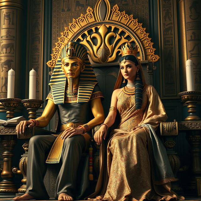 A regal scene depicting a powerful ancient Egyptian pharaoh seated on a grand throne adorned with intricate gold details, wearing a majestic headdress and elaborate jewelry that glitters in the soft light