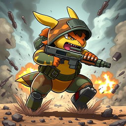 A warrior Pokémon with a soldier-like appearance inspired by Counter Strike, charging through the battlefield with reckless determination