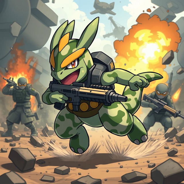 A warrior Pokémon with a soldier-like appearance inspired by Counter Strike, charging through the battlefield with reckless determination