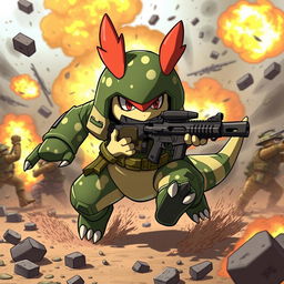 A warrior Pokémon with a soldier-like appearance inspired by Counter Strike, charging through the battlefield with reckless determination