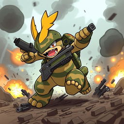 A warrior Pokémon with a soldier-like appearance inspired by Counter Strike, charging through the battlefield with reckless determination