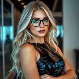 A sexy blonde woman with soft, flowing hair and captivating blue eyes, accessorized with stylish sexy glasses