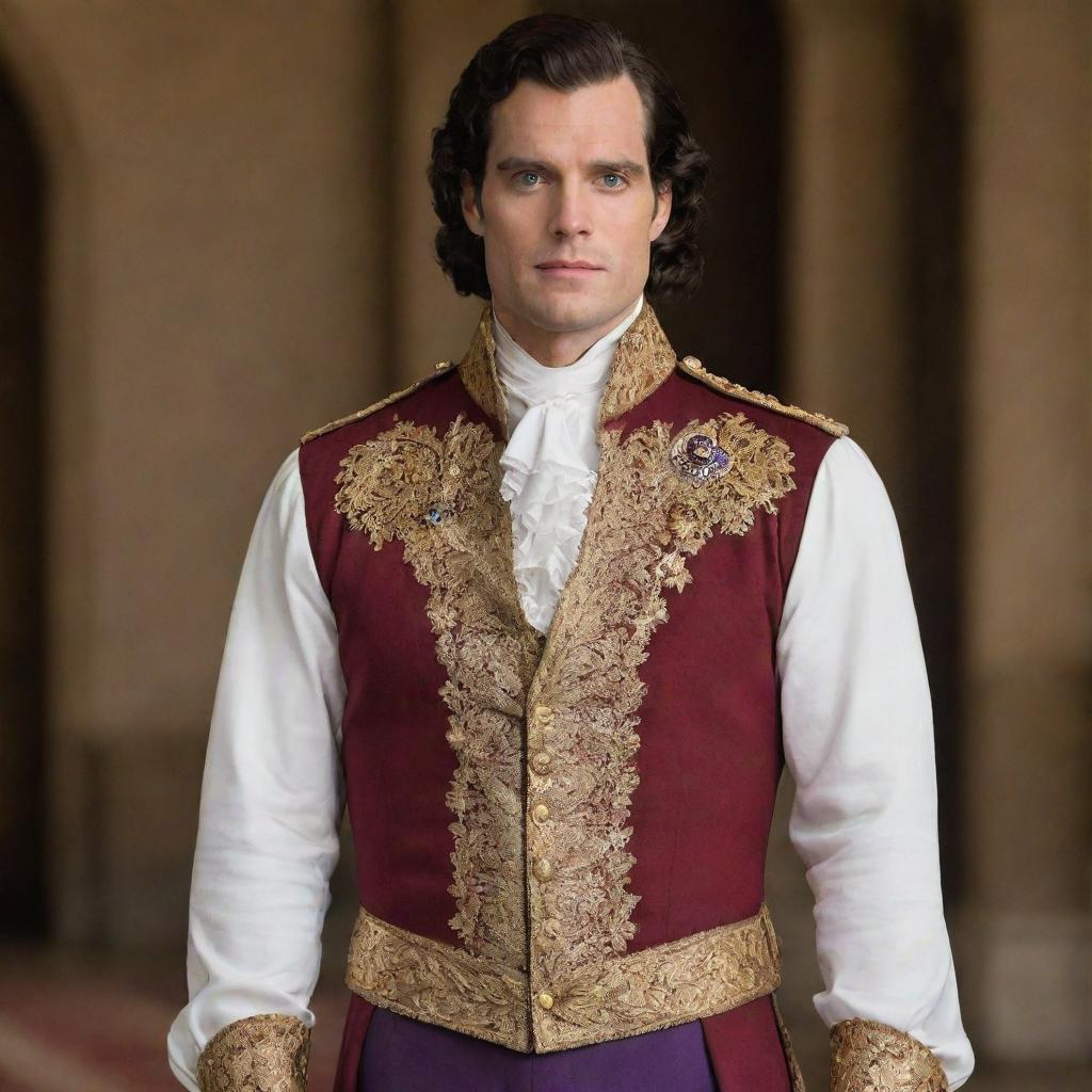 Henry Cavill dressed sumptuously as a classic prince, with an upright posture, a regal expression, and wearing a finely crafted royal outfit.