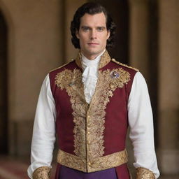 Henry Cavill dressed sumptuously as a classic prince, with an upright posture, a regal expression, and wearing a finely crafted royal outfit.