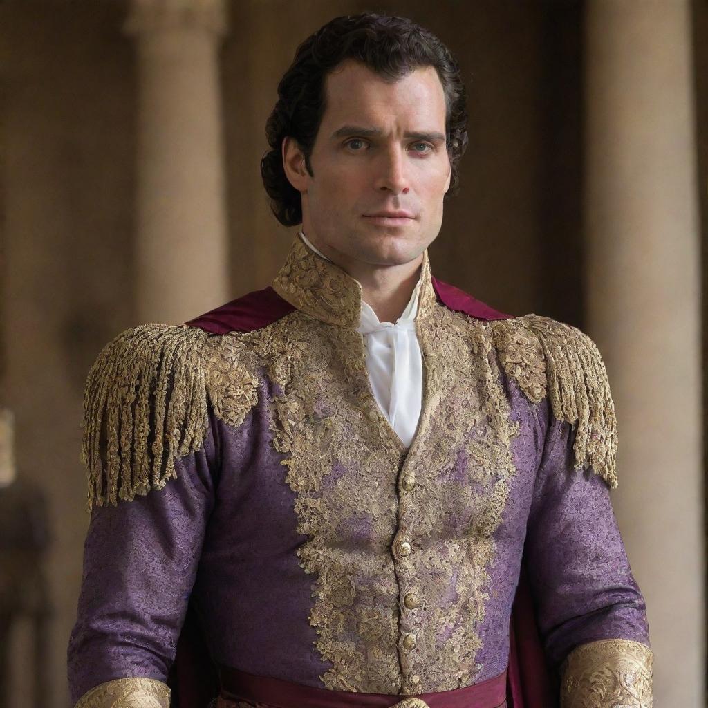 Henry Cavill dressed sumptuously as a classic prince, with an upright posture, a regal expression, and wearing a finely crafted royal outfit.
