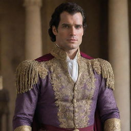 Henry Cavill dressed sumptuously as a classic prince, with an upright posture, a regal expression, and wearing a finely crafted royal outfit.