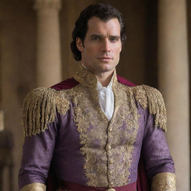 Henry Cavill dressed sumptuously as a classic prince, with an upright posture, a regal expression, and wearing a finely crafted royal outfit.