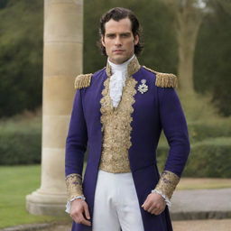 Henry Cavill dressed sumptuously as a classic prince, with an upright posture, a regal expression, and wearing a finely crafted royal outfit.