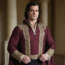 Henry Cavill dressed sumptuously as a classic prince, with an upright posture, a regal expression, and wearing a finely crafted royal outfit.