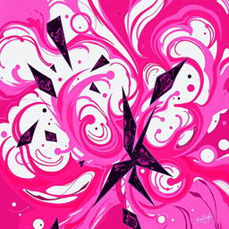 A striking abstract artwork titled 'Kaos Pink', featuring swirling patterns of vibrant pinks, blending with hints of purple and crimson