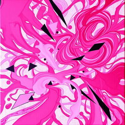 A striking abstract artwork titled 'Kaos Pink', featuring swirling patterns of vibrant pinks, blending with hints of purple and crimson