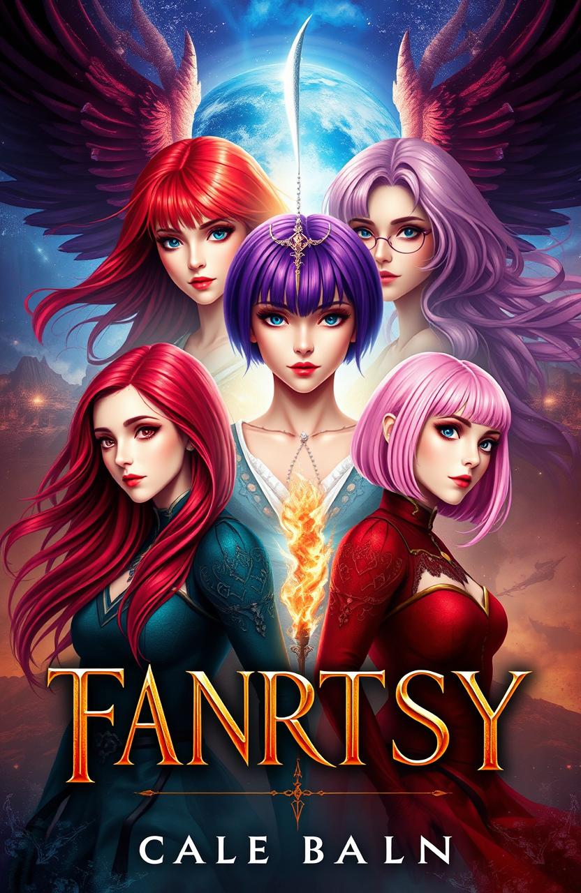 A captivating fantasy book cover featuring three main heroines: one with long red hair, the second with short purple hair, and the third with a chic bob of pink hair