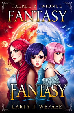 A captivating fantasy book cover featuring three main heroines: one with long red hair, the second with short purple hair, and the third with a chic bob of pink hair