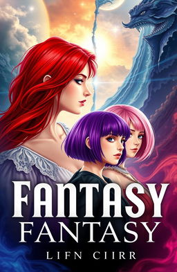 A captivating fantasy book cover featuring three main heroines: one with long red hair, the second with short purple hair, and the third with a chic bob of pink hair