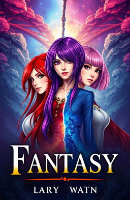 A captivating fantasy book cover featuring three main heroines: one with long red hair, the second with short purple hair, and the third with a chic bob of pink hair