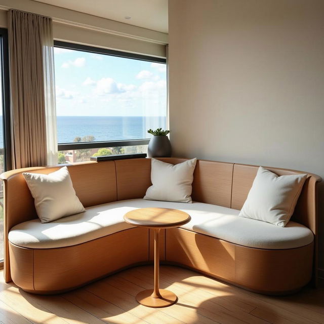 A serene and inviting living space featuring a beautifully designed curved wooden sofa adorned with plush white cushions