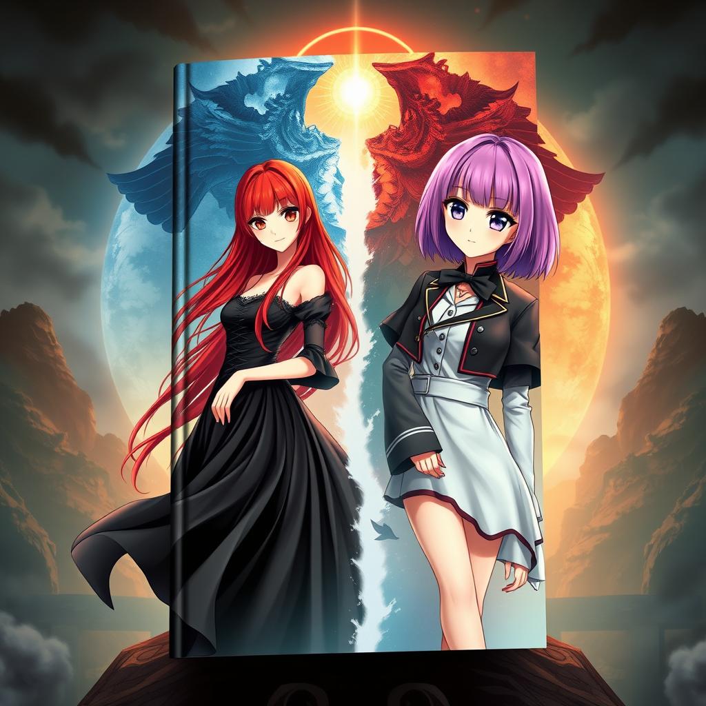 A visually stunning fantasy book cover featuring three main heroines: one with long red hair dressed in a flowing black dress, the second with shoulder-length purple hair in a classic outfit, and the third with a pink bob hairstyle in stylish K-pop clothing