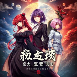 A visually stunning fantasy book cover featuring three main heroines: one with long red hair dressed in a flowing black dress, the second with shoulder-length purple hair in a classic outfit, and the third with a pink bob hairstyle in stylish K-pop clothing