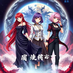 A visually stunning fantasy book cover featuring three main heroines: one with long red hair dressed in a flowing black dress, the second with shoulder-length purple hair in a classic outfit, and the third with a pink bob hairstyle in stylish K-pop clothing