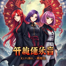 A visually stunning fantasy book cover featuring three main heroines: one with long red hair dressed in a flowing black dress, the second with shoulder-length purple hair in a classic outfit, and the third with a pink bob hairstyle in stylish K-pop clothing